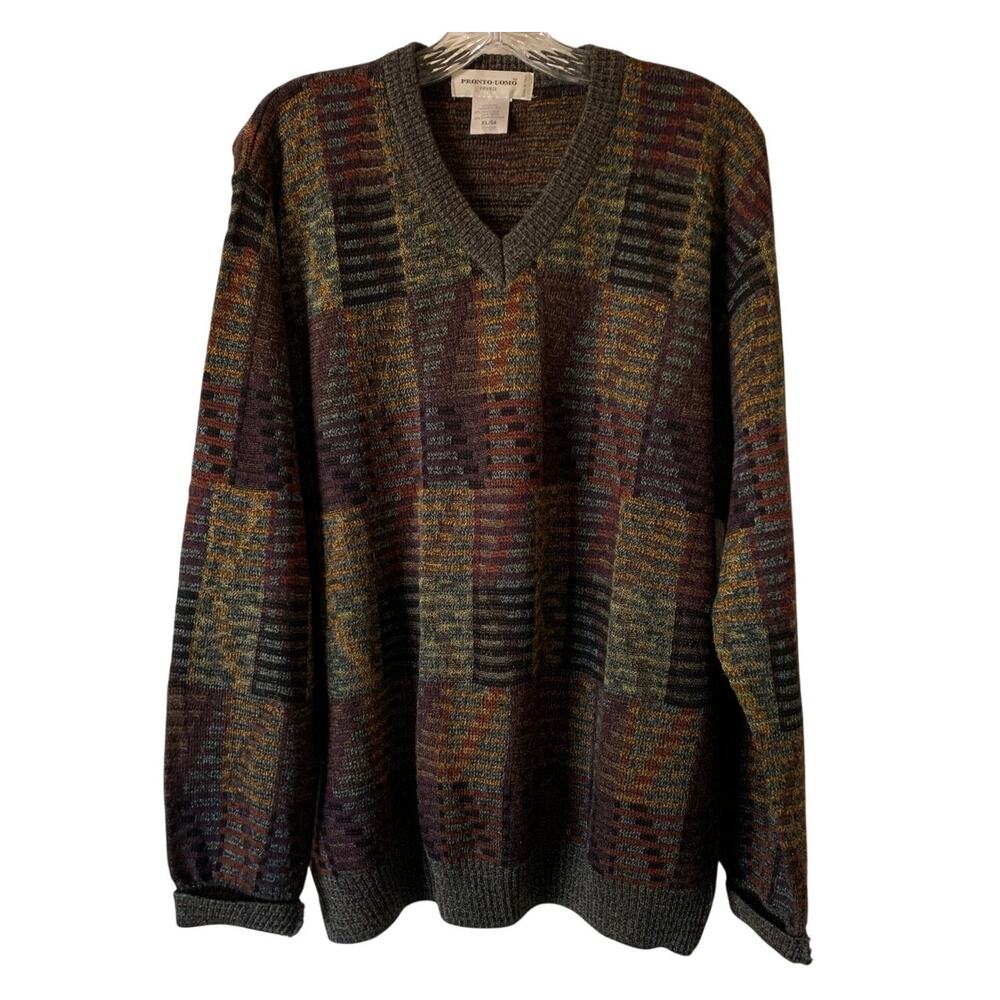 Pronto-Uomo Mens XL Merino Wool V Neck Sweater Made in Italy Winter Brown Earth